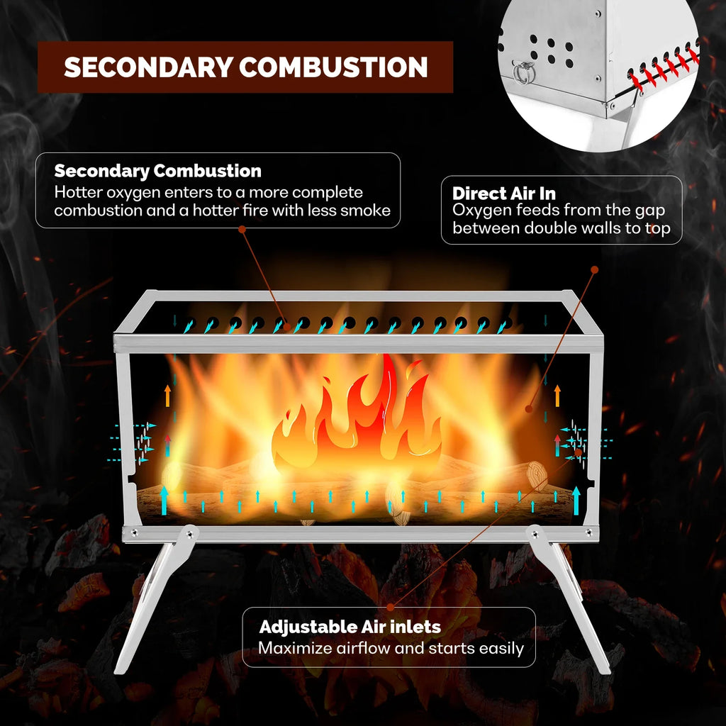 Portable Wood Burning Camping Stove – Foldable Secondary Combustion Chimney