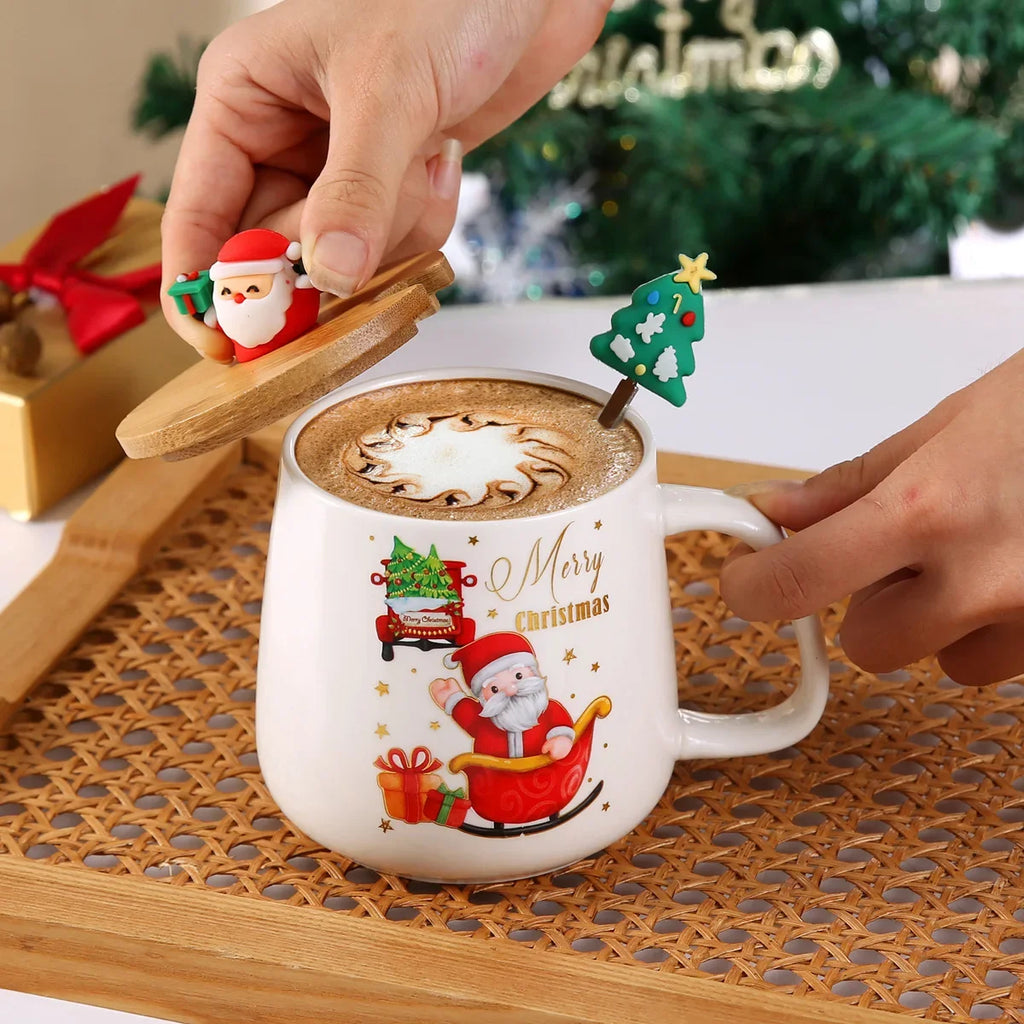 Ceramic Christmas Tree Mug – Festive Coffee Cup with Lid and Spoon for Gifts