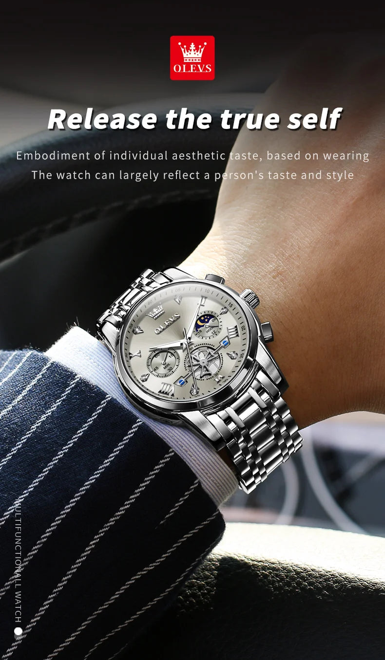 Quartz Chronograph Watch – Moon Phase Luminous Wristwatch for Men