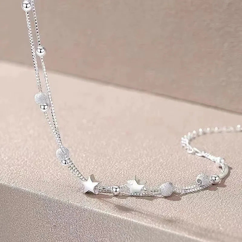 925 Sterling Silver Star Bracelet – Adjustable Double Layer for Party Jewelry