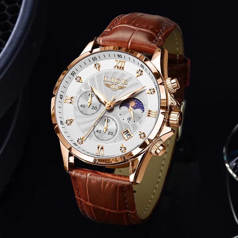 LIGE Leather Chronograph Watch – Luxury Waterproof Men's Business Accessory