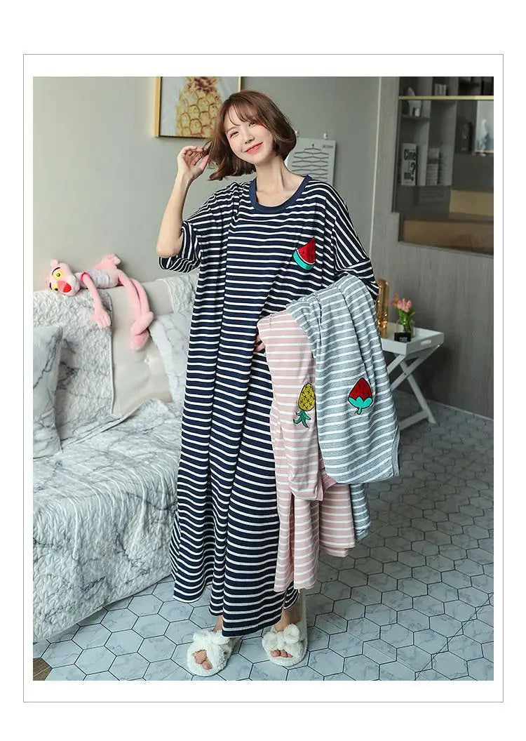 Plus Size Striped Pajama Dress – Short-Sleeved Cartoon Sleepwear for Women