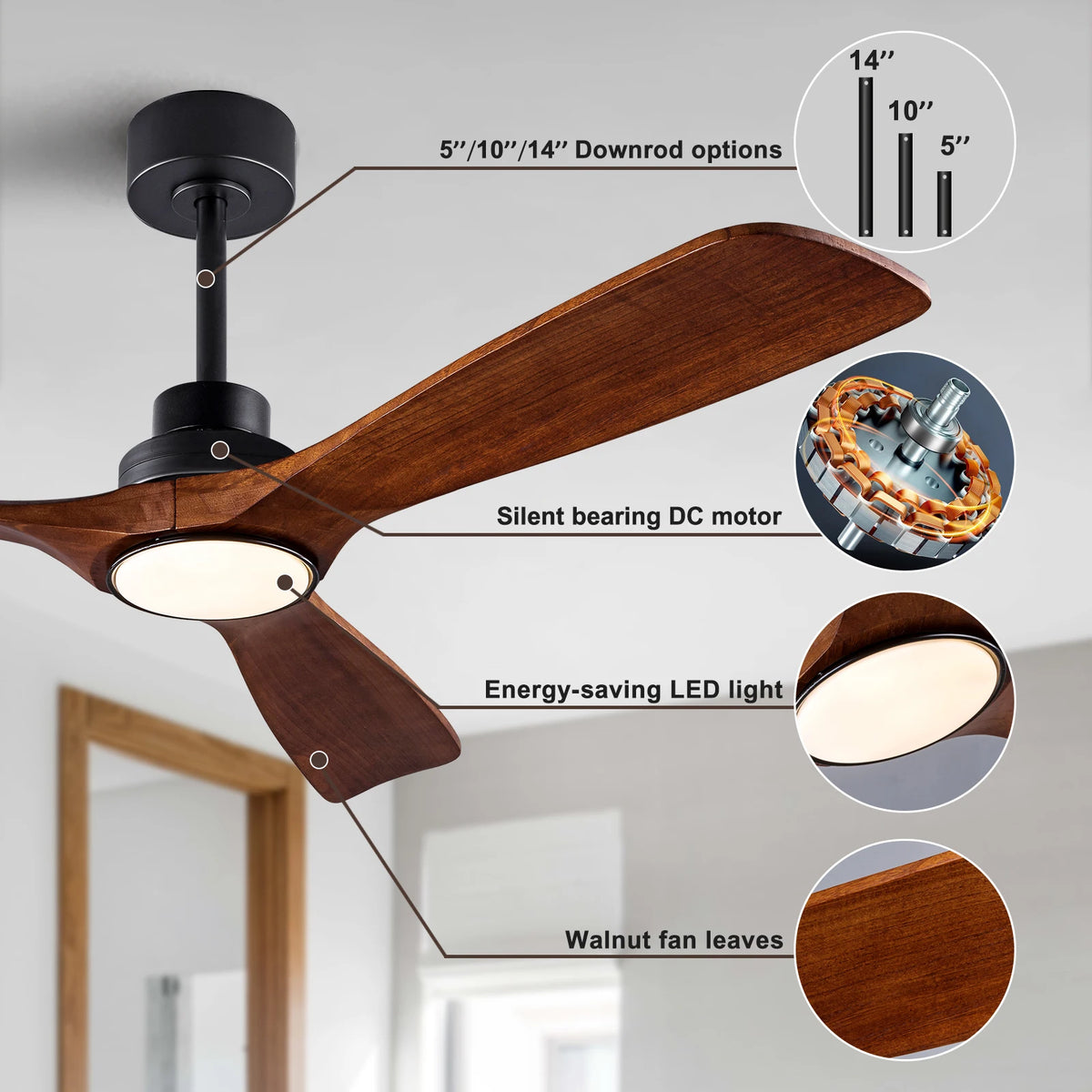 Wood Ceiling Fan with Remote – Quiet DC Motor for Living Room Home Decor