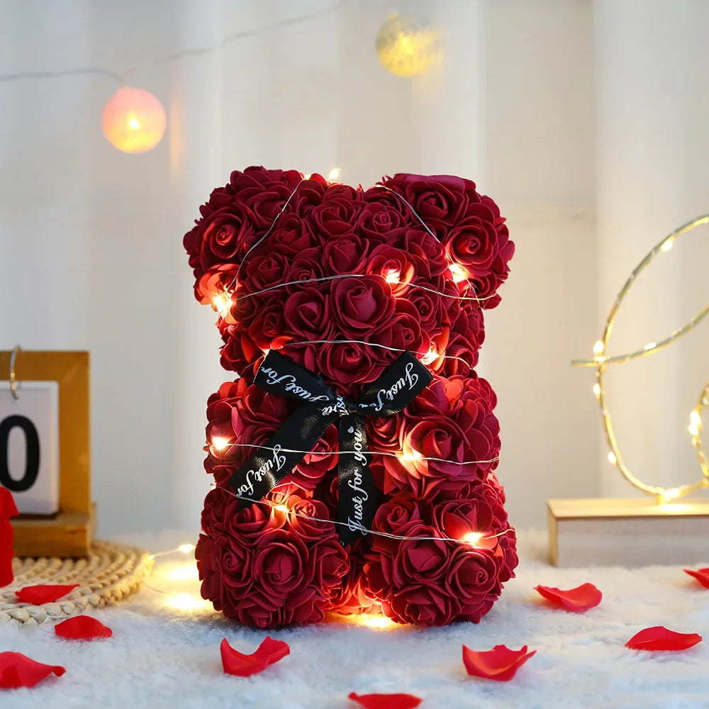 Artificial Rose Teddy Bear – 25cm Flower Gift for Valentines Anniversary