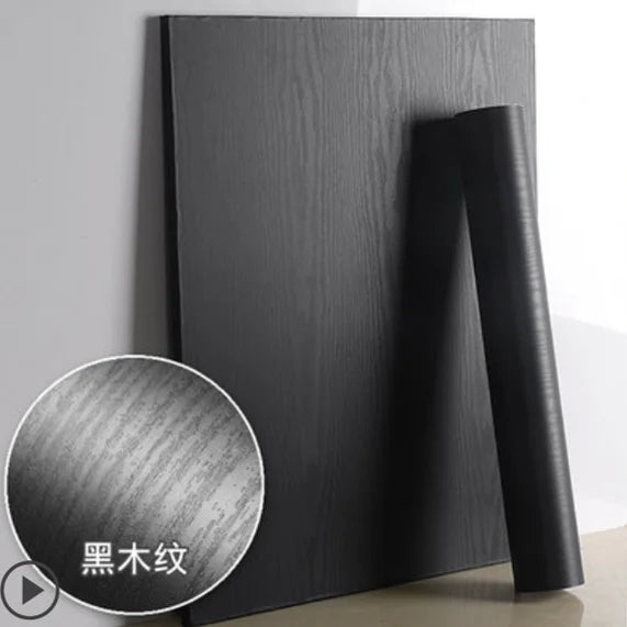 Black Wood Grain PVC Wallpaper – Self-Adhesive Film for Kitchen Cabinets
