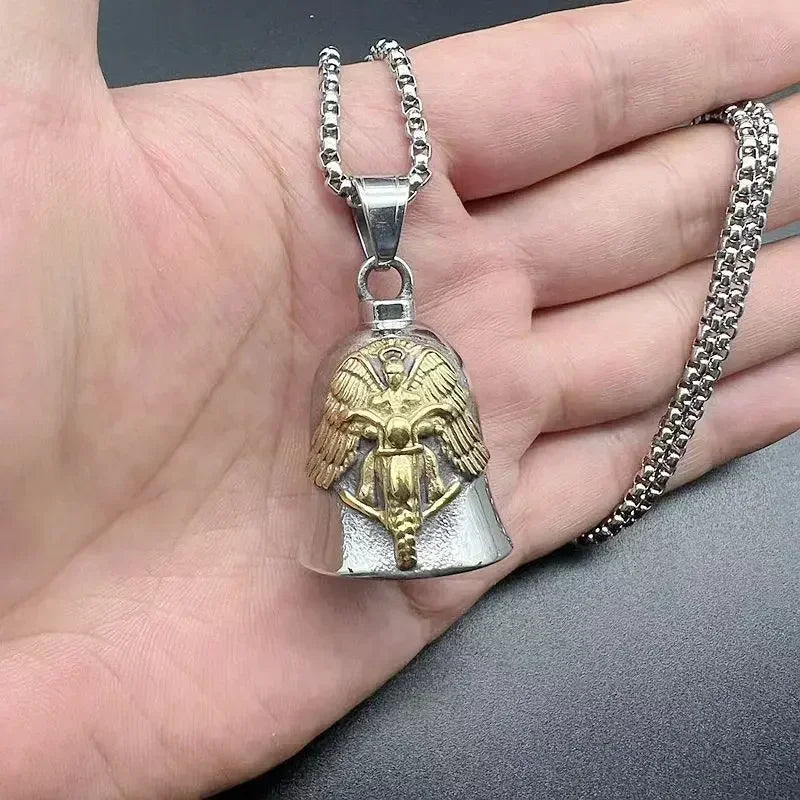 Vintage Jesus Cross Bell Pendant – Religious Biker Necklace for Men