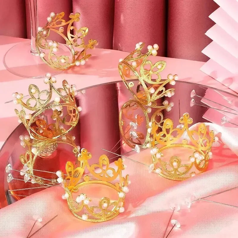 Mini Plastic Crown Topper – Pearl Tiara for Kids Cake and Hair Decoration