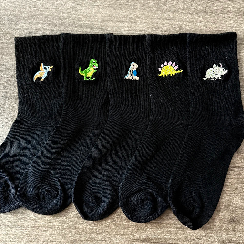 Embroidered Dinosaur Ankle Socks – Cute Cartoon Cotton Socks for Women