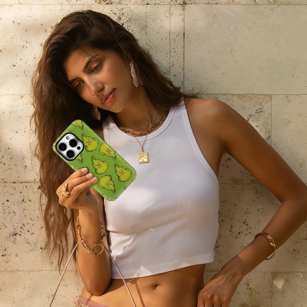 Grinch Face Phone Case – Double-Layer Protective Cover for Christmas