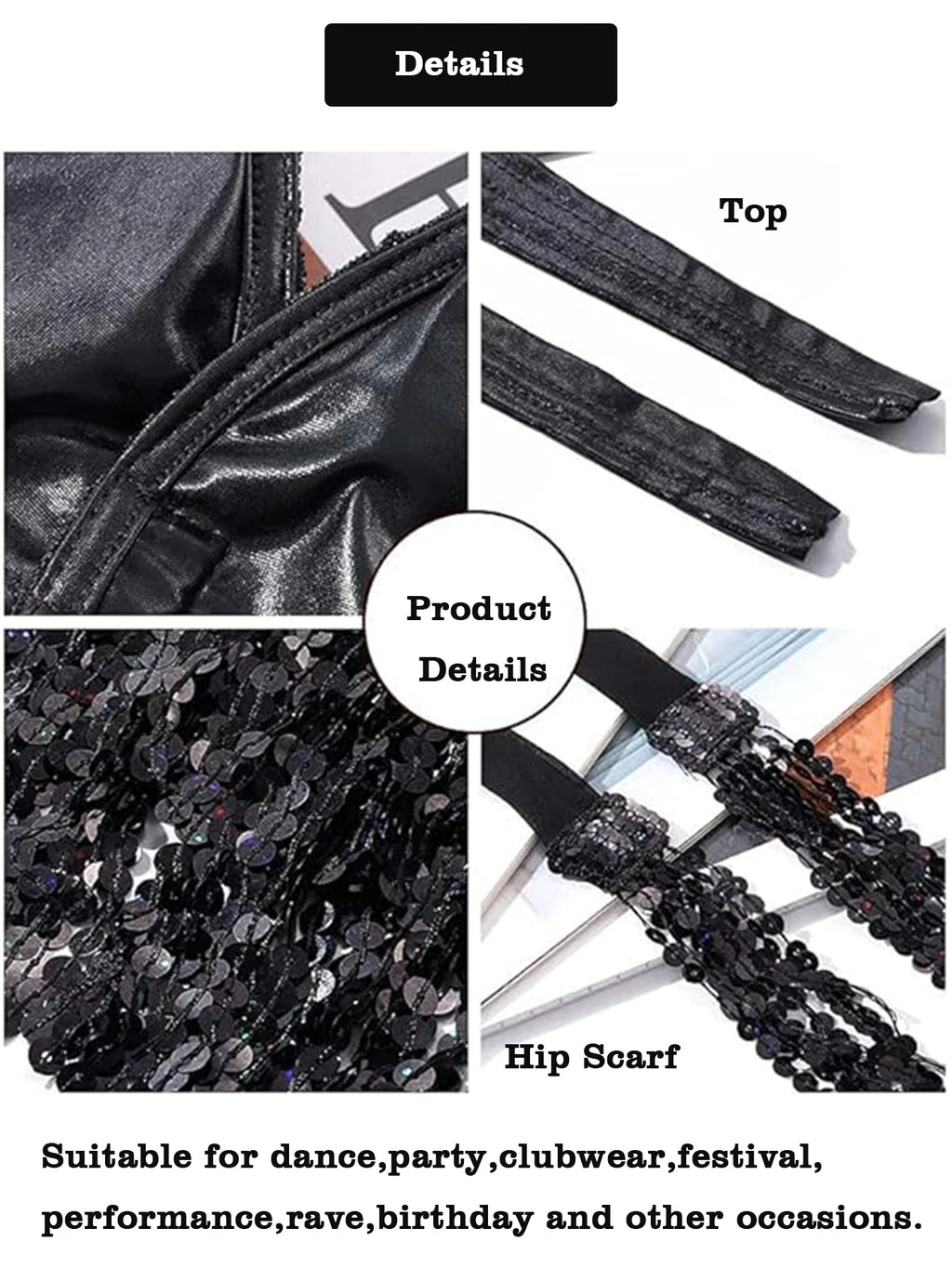 Black sequin hip scarf and shiny black top details, suitable for dance, party, clubwear, festival.