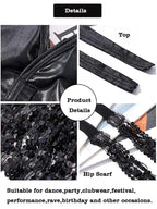 Black sequin hip scarf and shiny black top details, suitable for dance, party, clubwear, festival.
