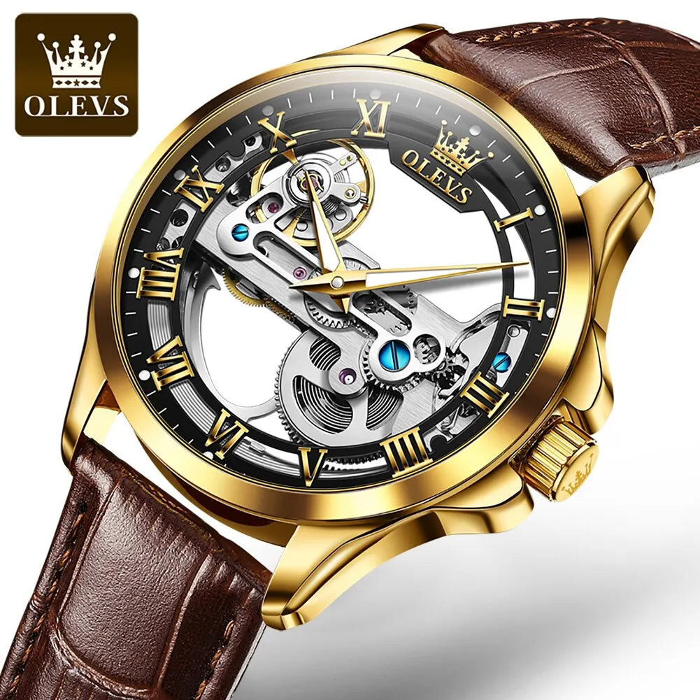 Automatic Skeleton Mechanical Watch – Leather Strap for Luxury Mens Formal Wear