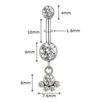 Silver belly button ring with clear cubic zirconia gems, detailed measurements shown.