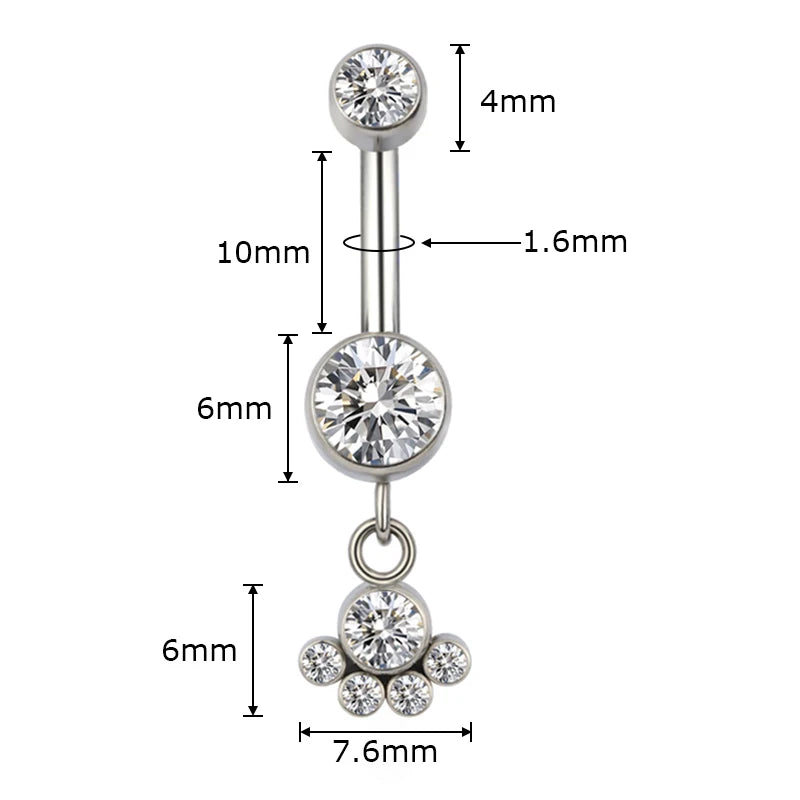 Silver belly button ring with clear cubic zirconia gems, detailed measurements shown.