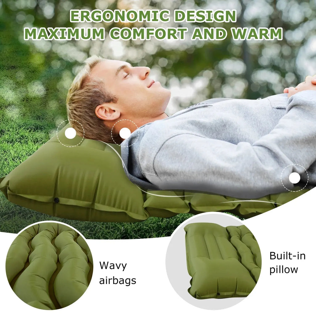 Inflatable Sleeping Pad – Built-in Pillow for Camping Hiking and Travel