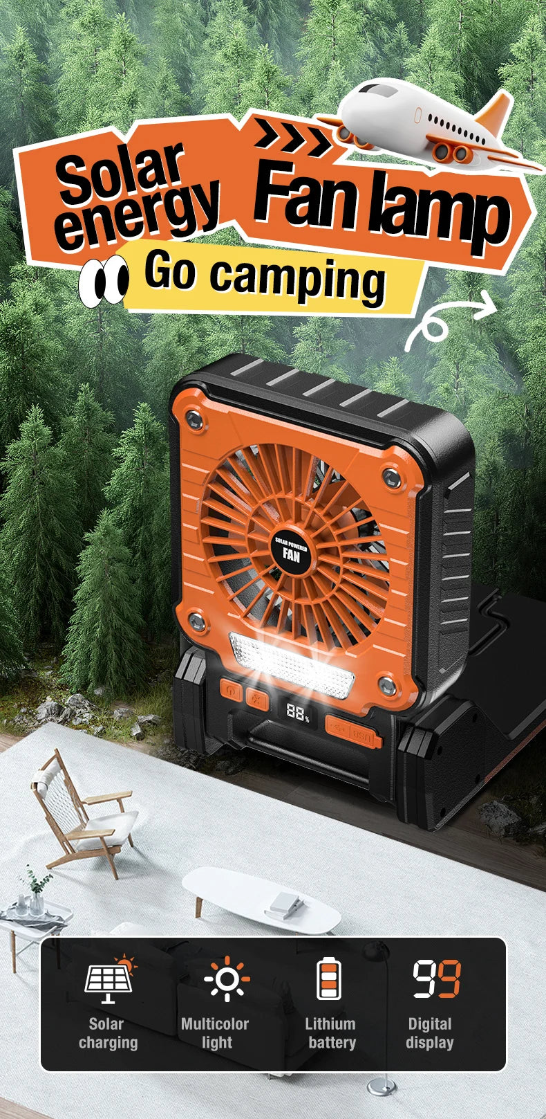 Portable LED Camping Fan – Solar USB Powered for Outdoor Tents