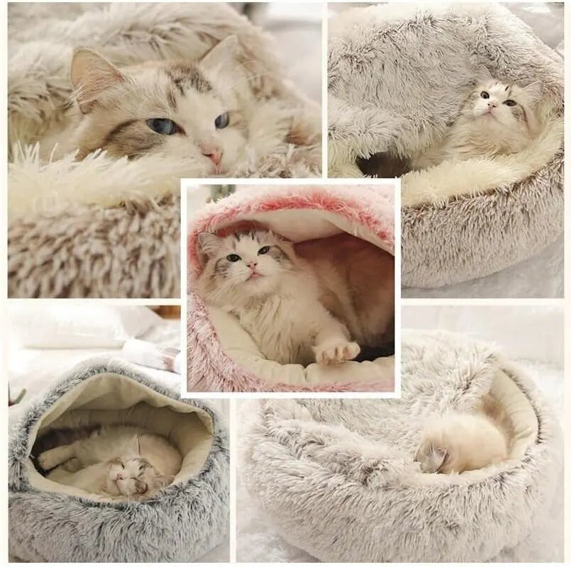 Plush Round Pet Bed – Warm 2-in-1 Cave Mattress for Small Cats and Dogs