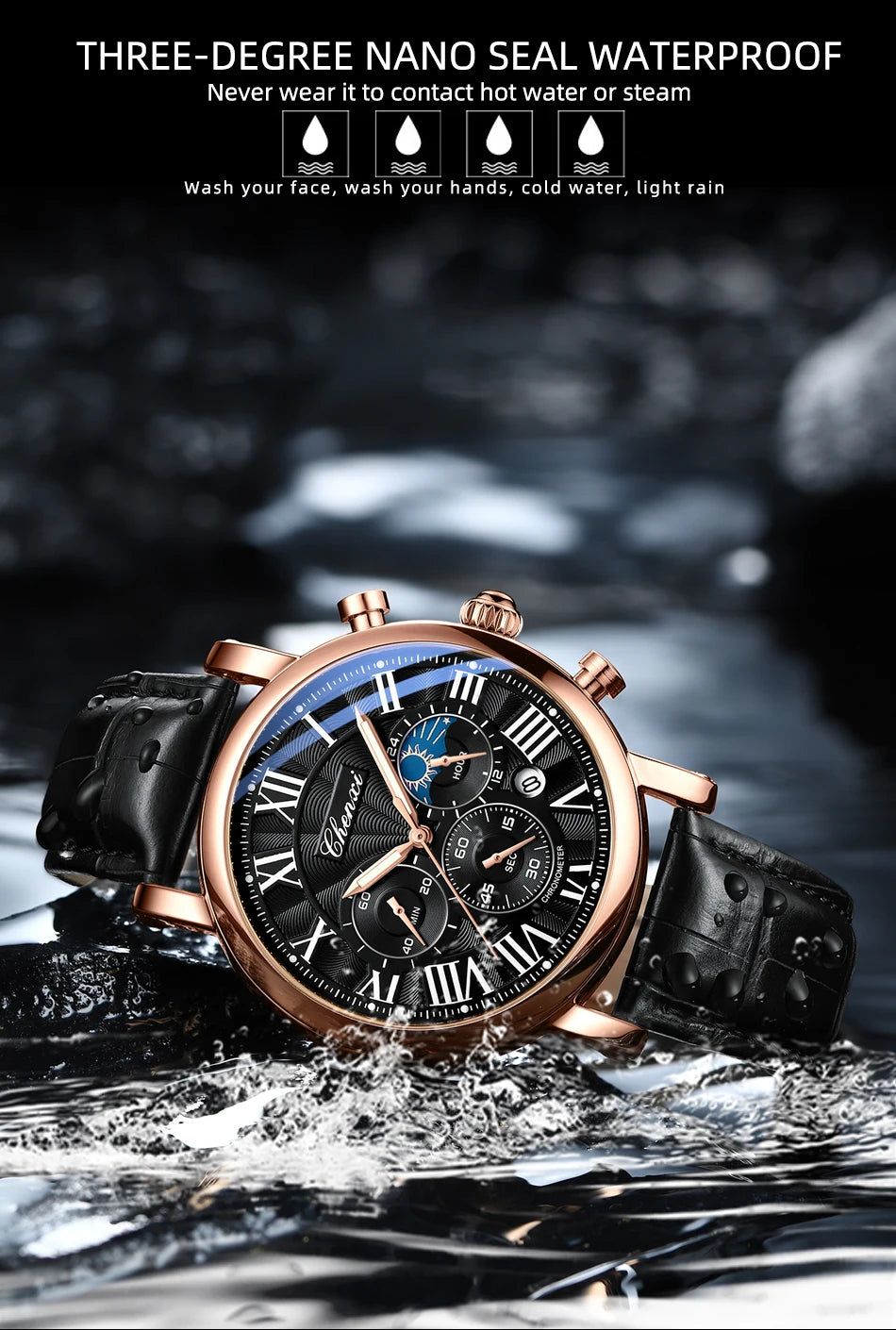 Leather Quartz Chronograph Watch – Men's Moon Phase Business Wristwatch