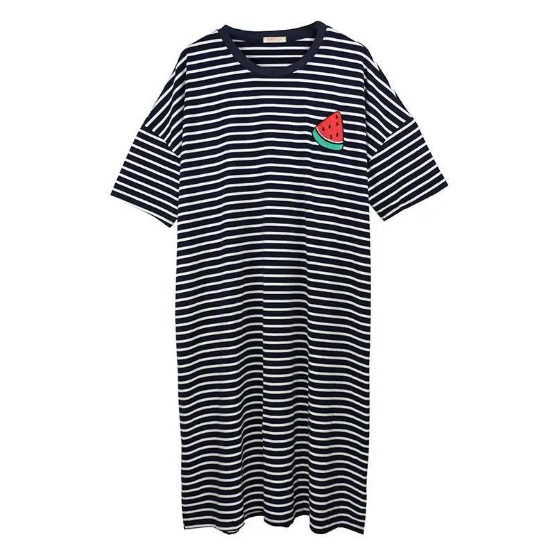 Plus Size Striped Pajama Dress – Short-Sleeved Cartoon Sleepwear for Women