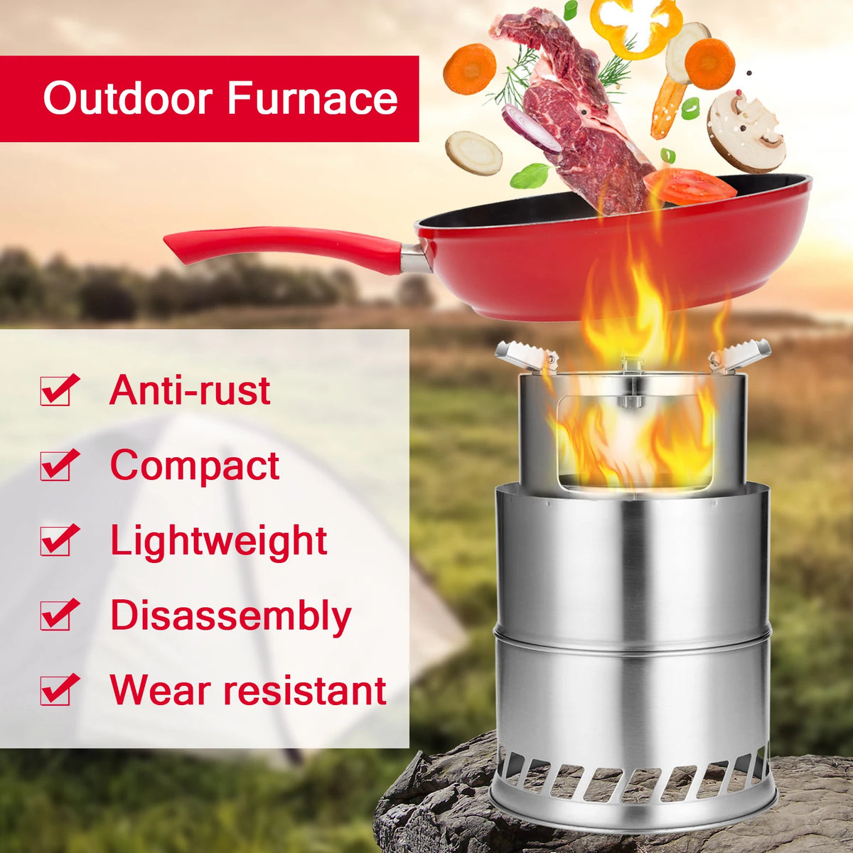 Portable Stainless Steel Wood Stove – Windproof Camping Cooker for Hiking
