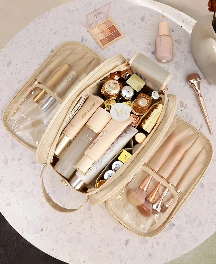 Large PU Leather Makeup Bag – Double Zipper Organizer for Travel Toiletries