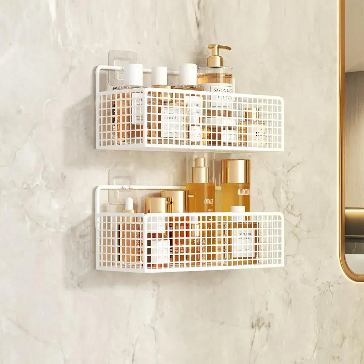 Bilayer Grid Wall Shelf – Adhesive Bathroom Organizer for Shower Storage