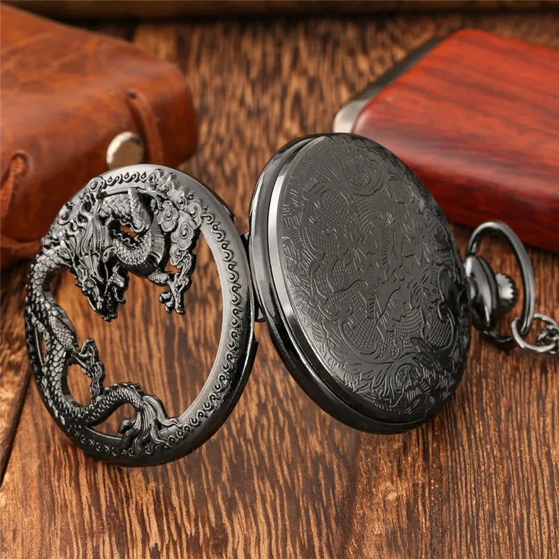 Vintage Hollow Chinese Dragon Pocket Watch – Roman Numeral Necklace Gift