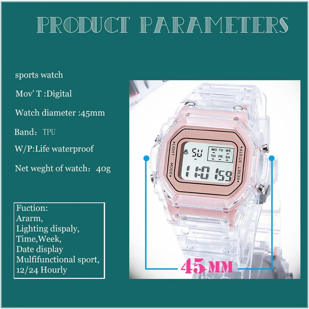Transparent Digital Sport Wristwatch – Unisex Timepiece for Kids and Adults