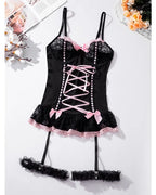 Pink Lace Bodysuit – Bow Knot Perspective Lingerie for Sexy Cosplay