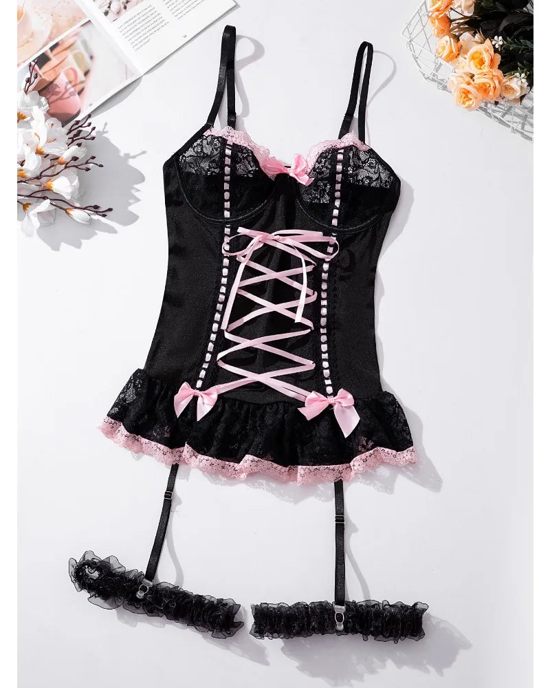 Pink Lace Bodysuit – Bow Knot Perspective Lingerie for Sexy Cosplay