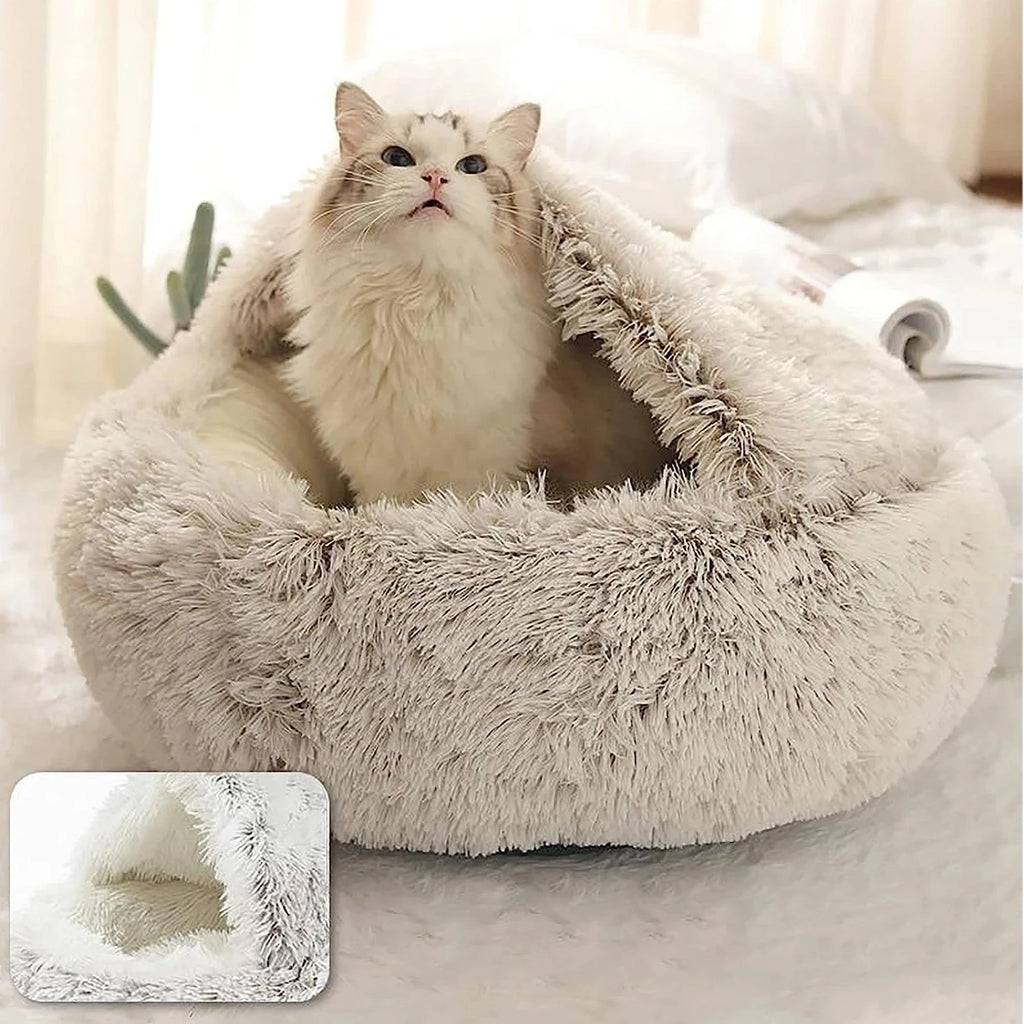 Plush Round Pet Bed – Warm 2-in-1 Cave Mattress for Small Cats and Dogs
