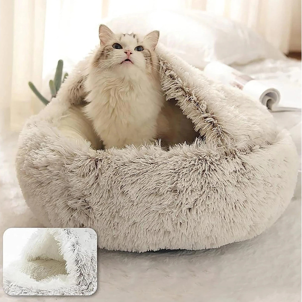 Plush Round Pet Bed – Warm 2-in-1 Cave Mattress for Small Cats and Dogs