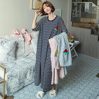 Plus Size Striped Pajama Dress – Short-Sleeved Cartoon Sleepwear for Women