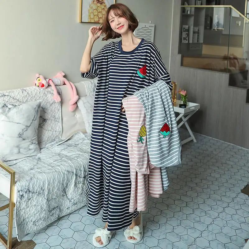 Plus Size Striped Pajama Dress – Short-Sleeved Cartoon Sleepwear for Women