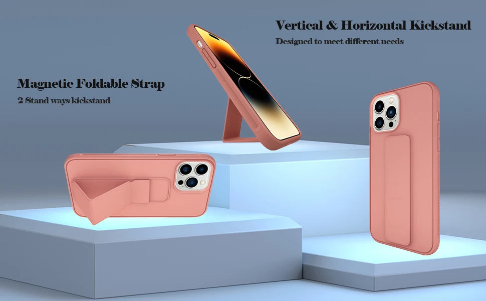Magnetic Stand Phone Case – Protective Cover with Wrist Strap for iPhone Series