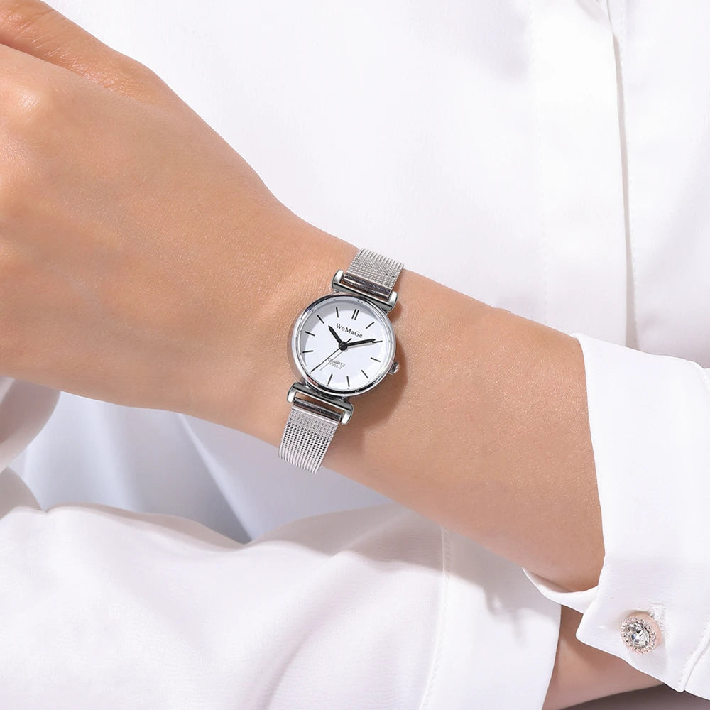 Silver Mesh Quartz Watch – Small Dial Stainless Steel for Women