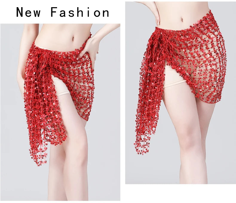 Red beaded mesh wrap skirt cover-up for women, stylish beach or dance accessory