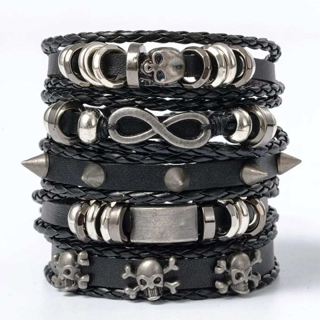 Braided Punk Leather Bracelet Set – Metal Bead Wristbands for Gothic Jewelry