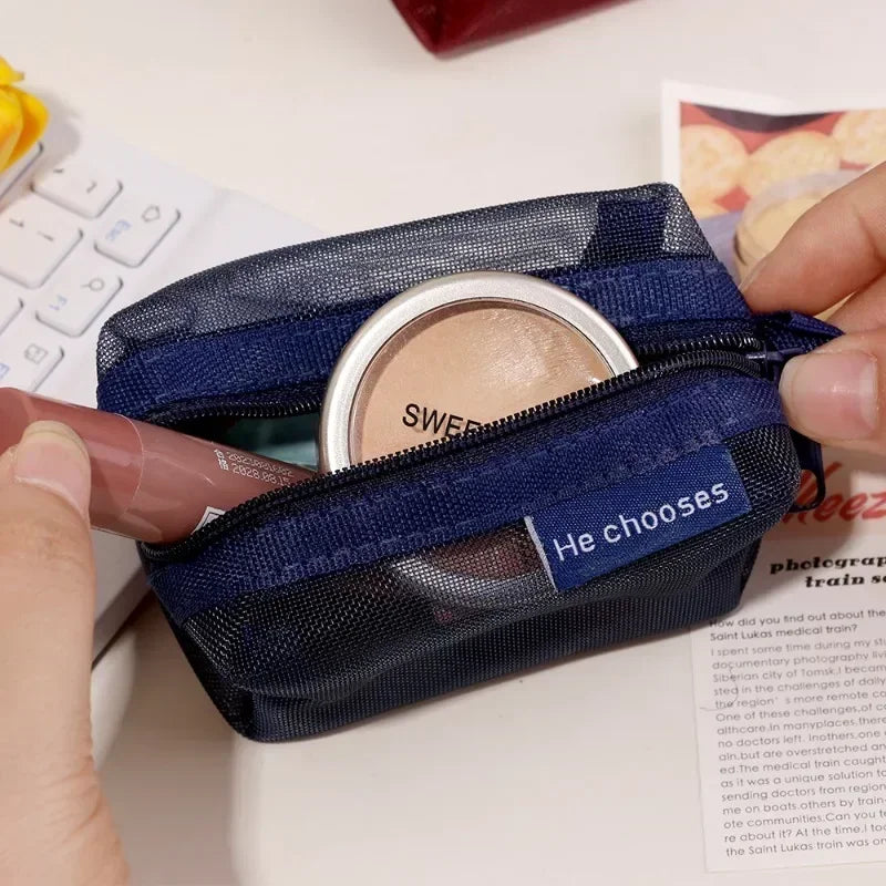 Transparent Mesh Zipper Pouch – Compact Organizer for Travel and Cables