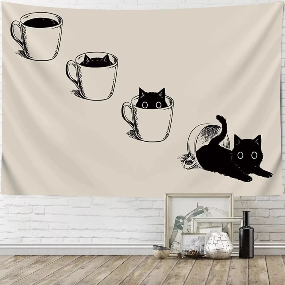 Black Cat Teacup Wall Hanging – Decorative Art for Bedroom Living Room Decor