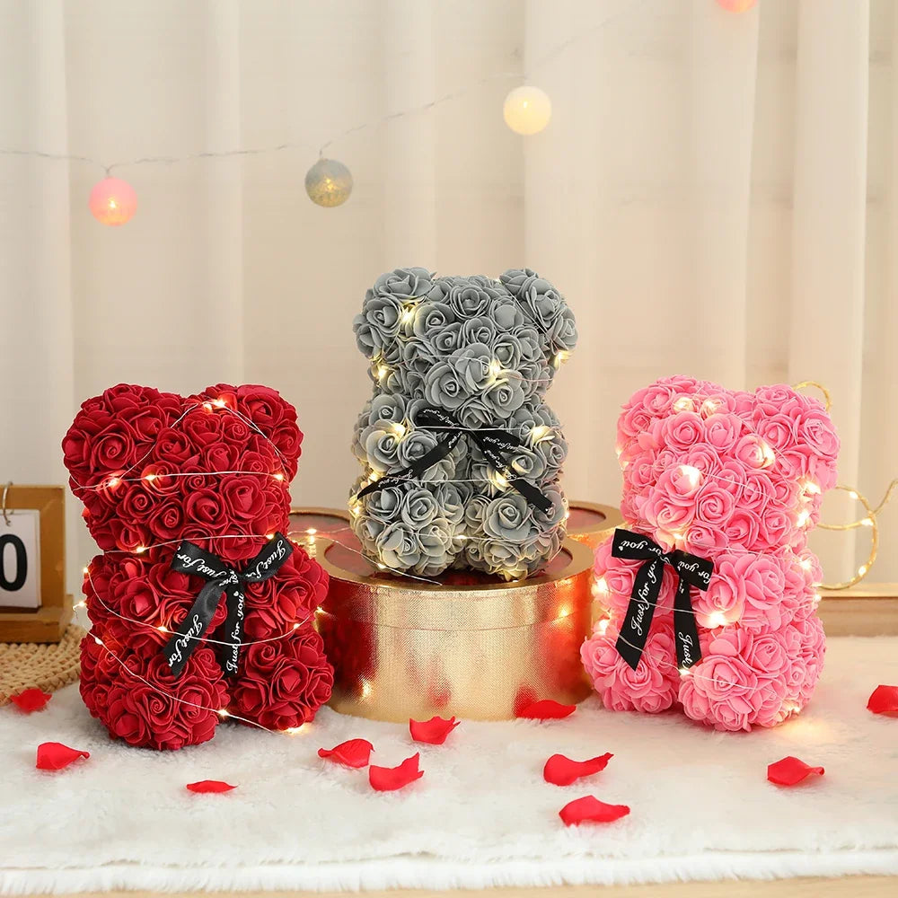 Artificial Rose Teddy Bear – 25cm Flower Gift for Valentines Anniversary