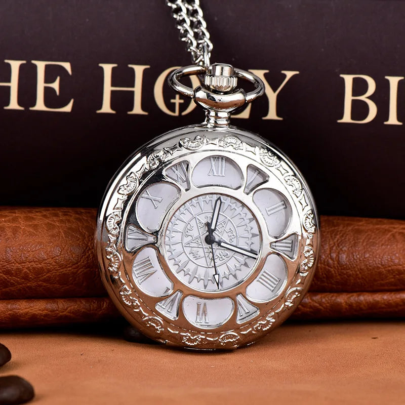 Engraved Hollow Quartz Pocket Watch – Vintage Pendant Necklace for Gifts