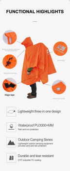 3-in-1 Waterproof Rain Poncho – Hooded Rainwear for Camping and Hiking