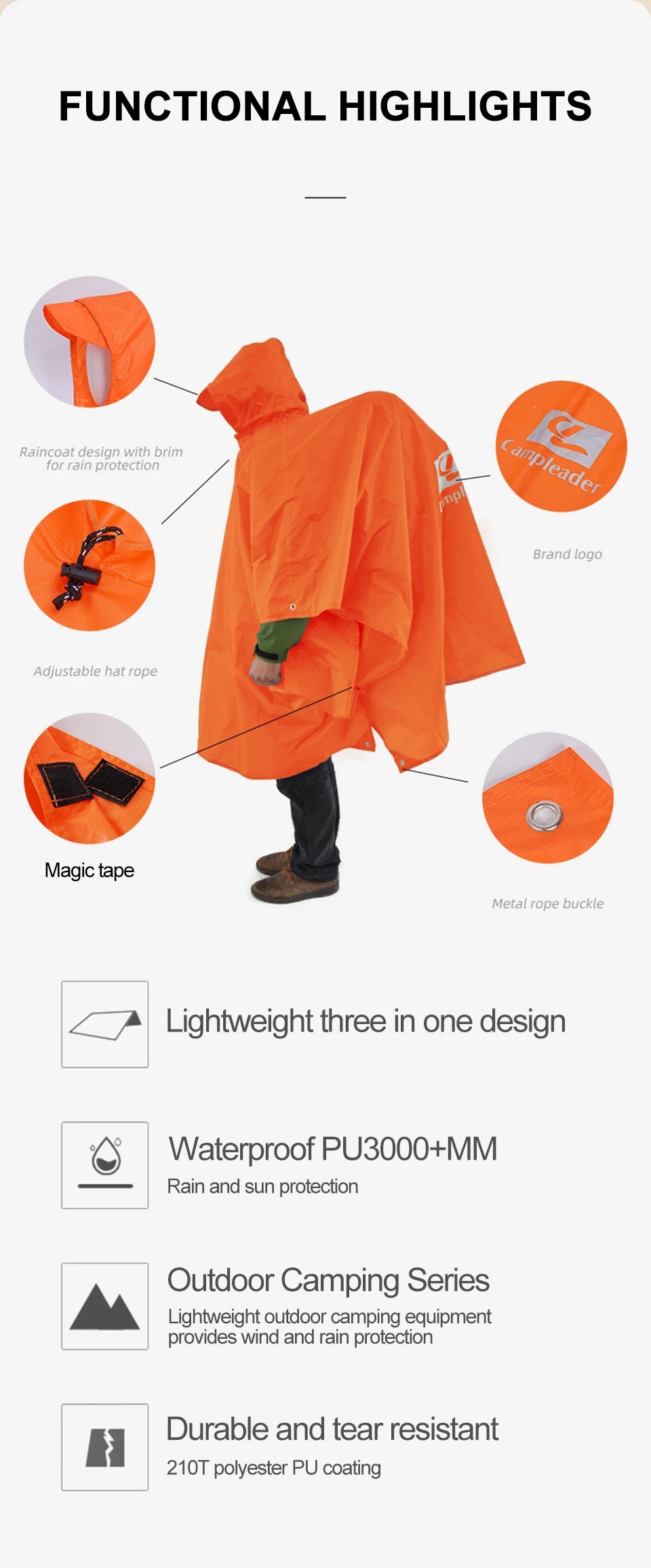 3-in-1 Waterproof Rain Poncho – Hooded Rainwear for Camping and Hiking
