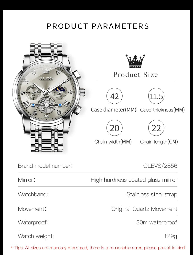Quartz Chronograph Watch – Moon Phase Luminous Wristwatch for Men