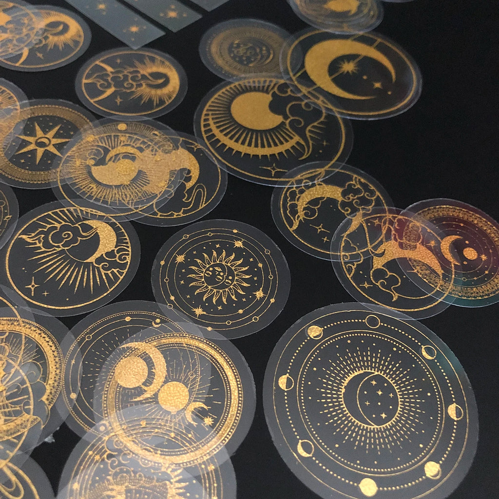 Glitter Gold PET Adhesive Stickers – Celestial Stars and Moon for Journaling