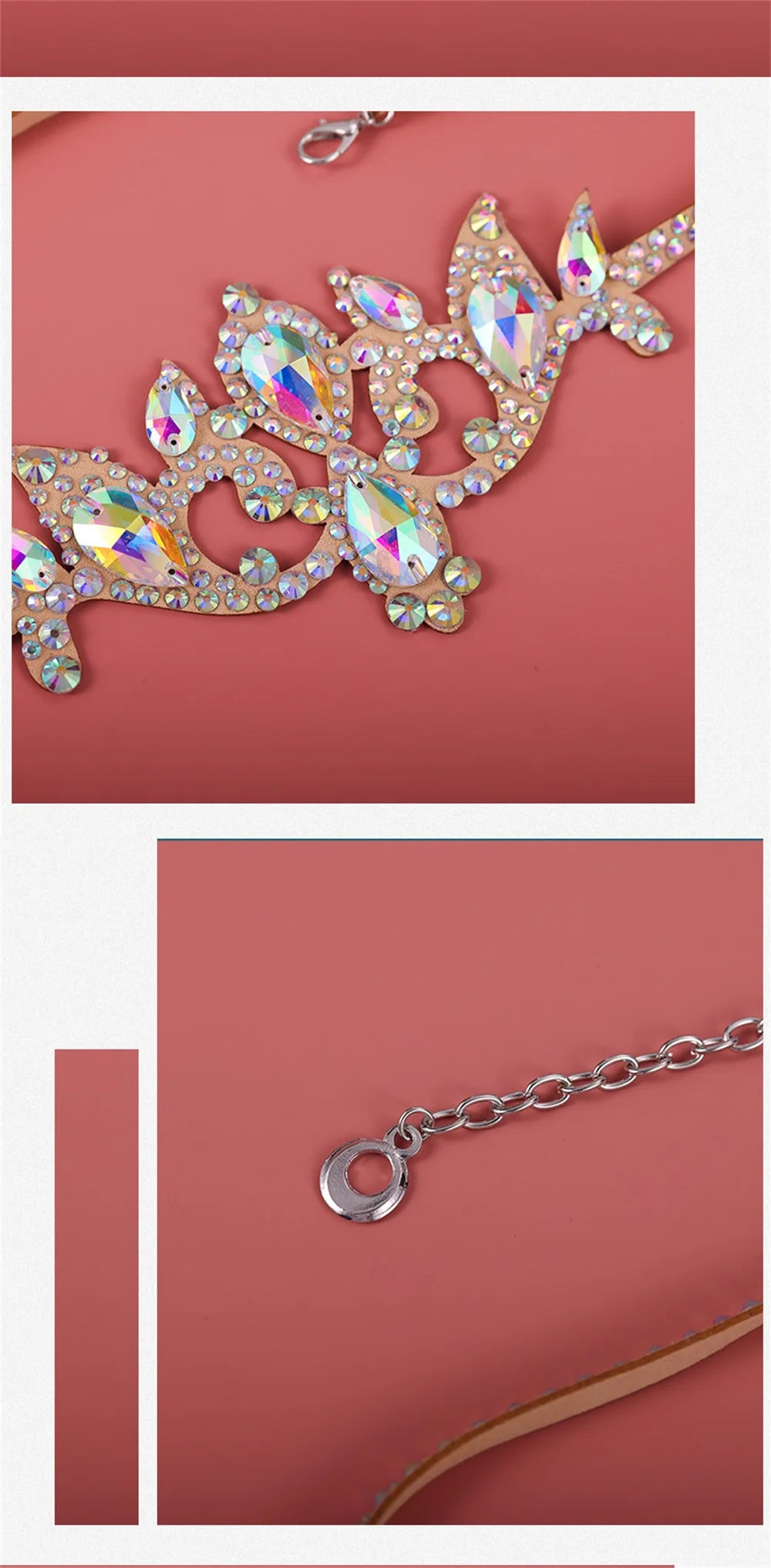 Close-up of a gold chain necklace with iridescent crystals and floral leaf design