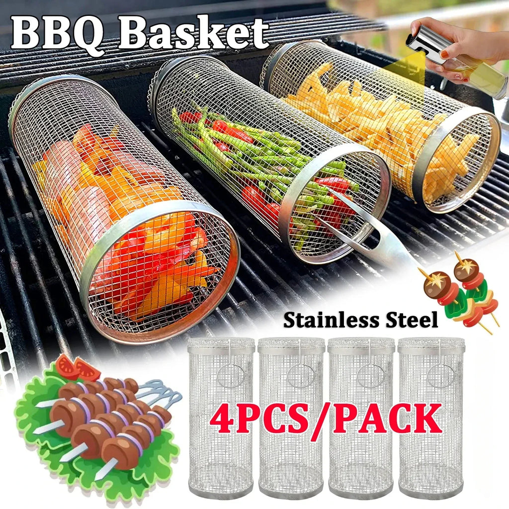 Stainless Steel Rolling Grill Basket – Cylindrical Mesh Rack for BBQ Camping
