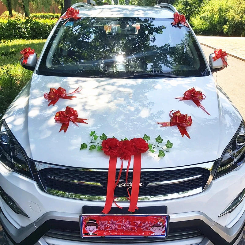 Silk Flower Wedding Car Decoration Kit – Floral Ribbons for Bridal Vehicles