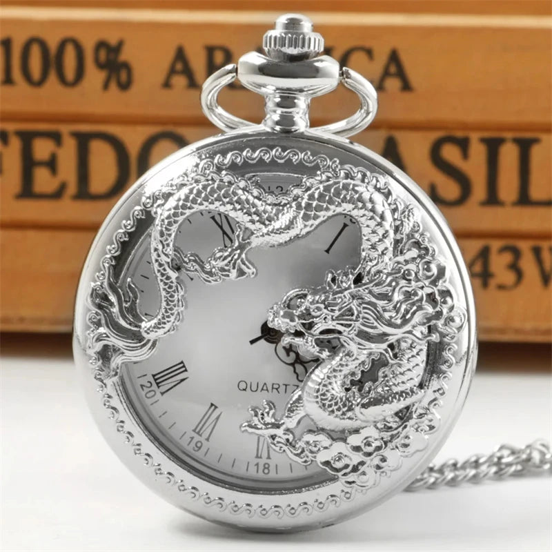 Vintage Hollow Chinese Dragon Pocket Watch – Roman Numeral Necklace Gift